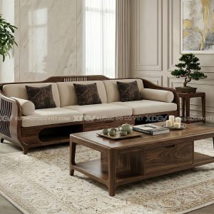 Mẫu Sofa Phòng Khách Gỗ Sồi Hiện Đại Chân Bệt Tay Bo Tròn